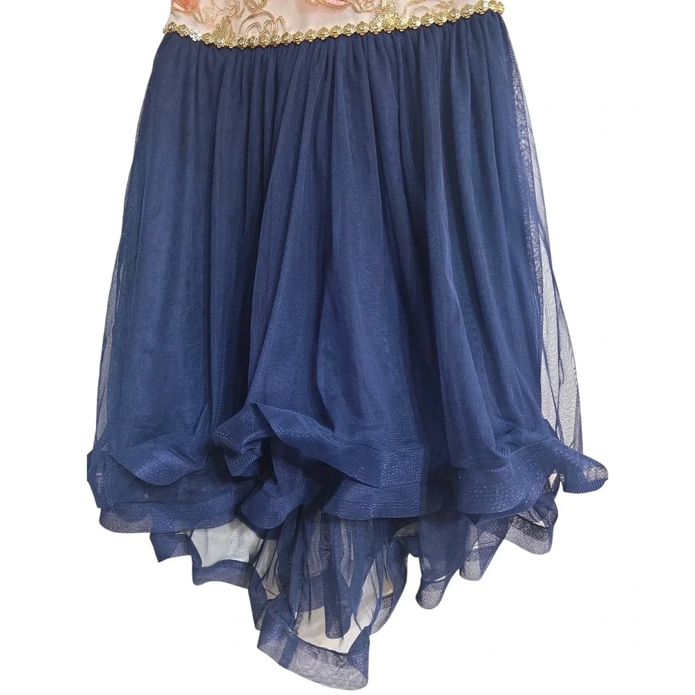 American Princess Girls Pink Gold Sequin Floral Navy Tulle‎ High Low Dress 12